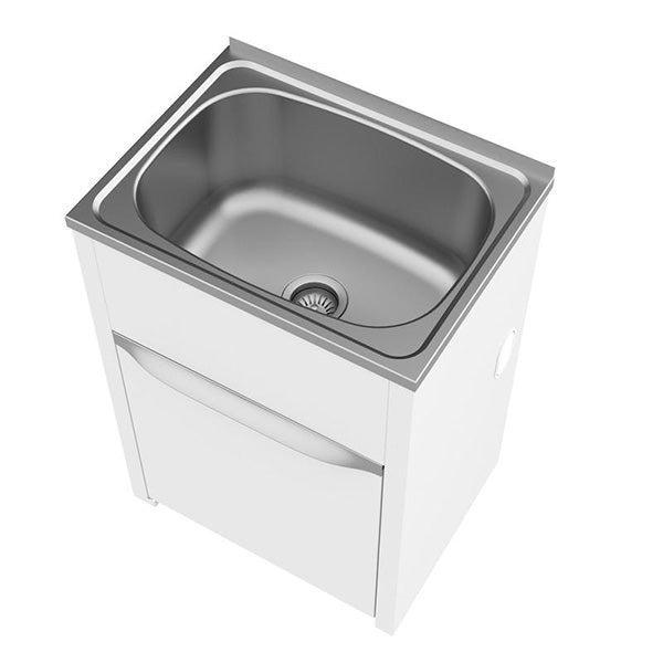 Clark Eureka 45L stainless steel laundry tub and white cabinet, angled view, no tap hole