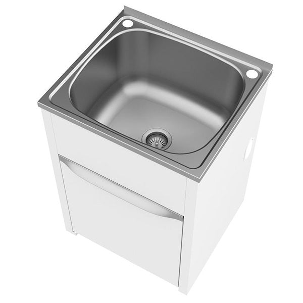 Clark Eureka 70L laundry tub and cabinet, stainless steel sink with white cabinet, angled front view