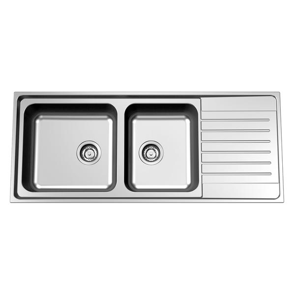 Clark Horizon 1.75 end bowl kitchen sink in stainless steel, 1 taphole, left bowl with right drainer view