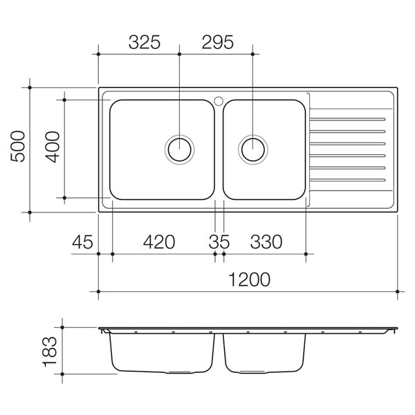 Clark Horizon 1.75 end bowl kitchen sink technical drawing, stainless steel inset sink with left drainer and 1 taphole