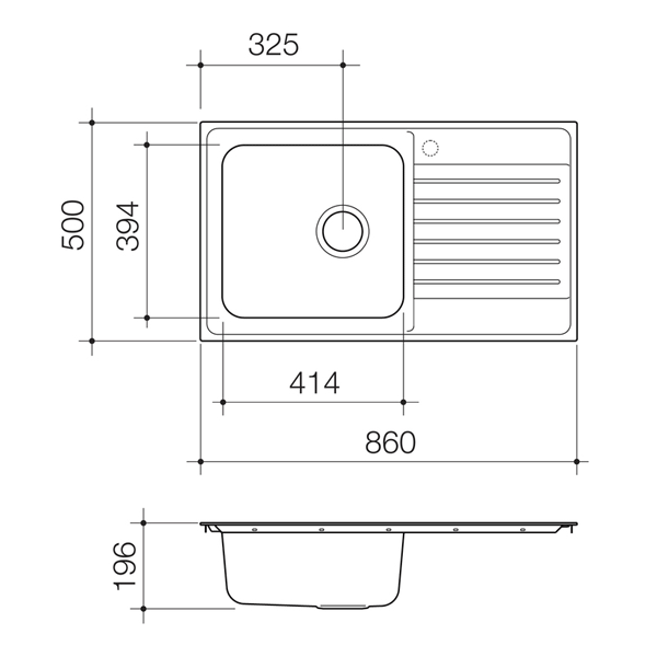 Clark Horizon stainless steel single bowl kitchen sink technical drawing with right-hand drainer, one taphole and dimensions shown