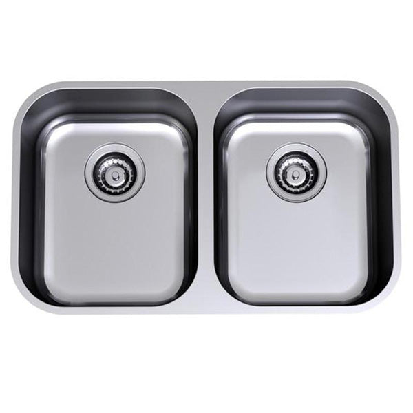 Clark Monaco stainless steel double bowl undermount kitchen sink, top view with two rectangular bowls