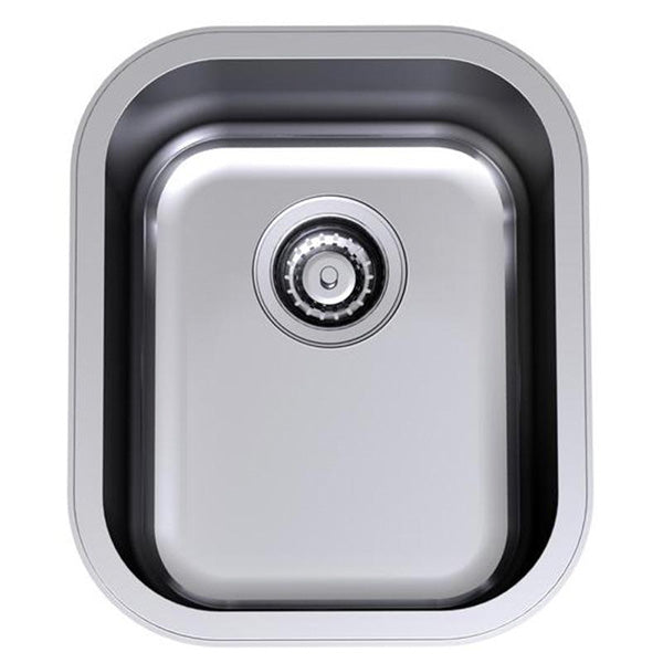Clark Monaco stainless steel single bowl overmount kitchen sink, round-cornered satin finish, top view