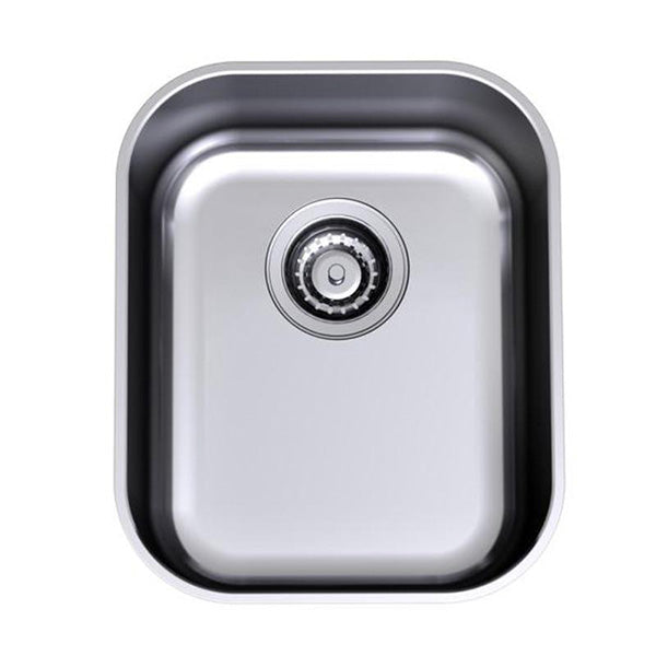 Clark Monaco single bowl undermount kitchen sink in stainless steel, round corners, top view with basket waste