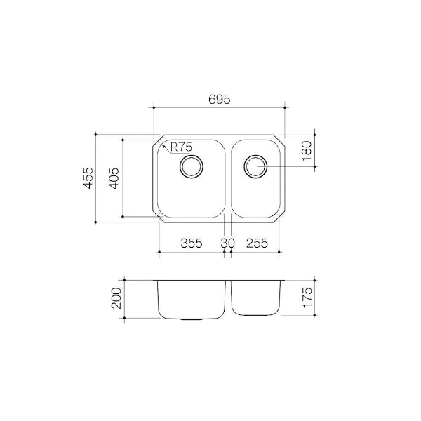 Technical drawing of Clark Polar 1.5 bowl stainless steel kitchen sink, 695 x 455mm with 200mm and 175mm bowls