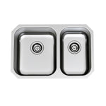 Clark Polar 1.5 bowl stainless steel kitchen sink with double rectangular bowls and basket wastes, top view on white background
