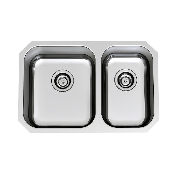 Clark Polar 1.5 bowl stainless steel kitchen sink with double rectangular bowls and basket wastes, top view on white background