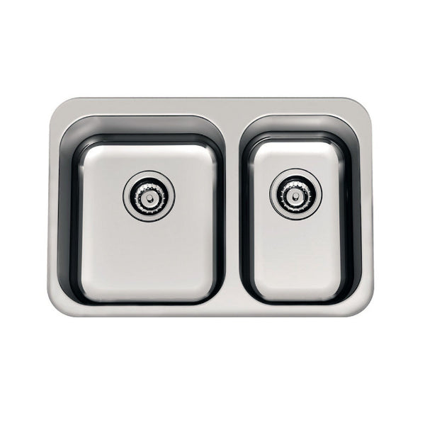 Clark Polar 1.5 bowl stainless steel kitchen sink, rectangular undermount twin bowl with 0 tap holes, top view