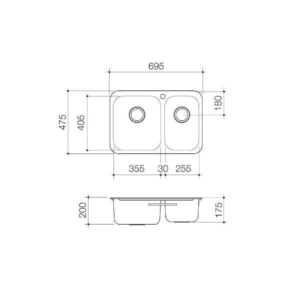 Clark Polar 1.5 bowl stainless steel kitchen sink technical drawing with dimensions, top and side views