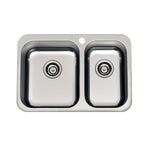 Clark Polar stainless steel 1.5 bowl kitchen sink, rectangular overmount view with tap hole and waste plugs