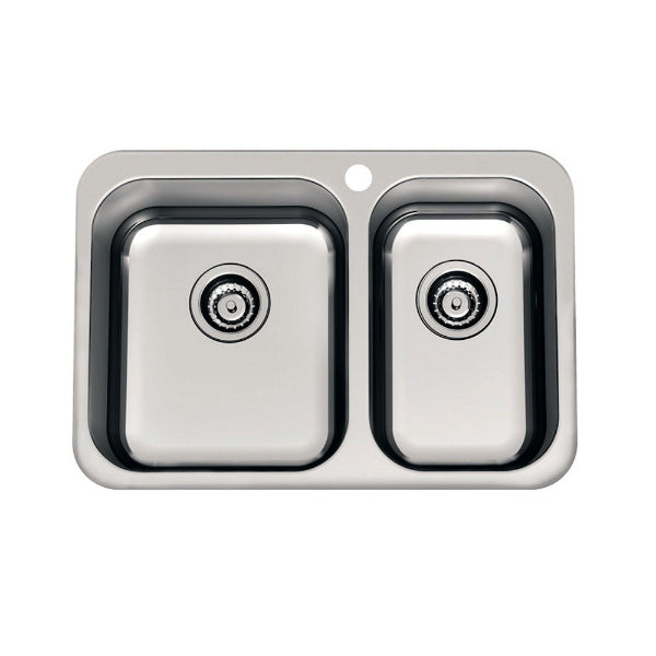 Clark Polar stainless steel 1.5 bowl kitchen sink, rectangular overmount view with tap hole and waste plugs