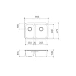 Technical drawing of Clark Polar 1.5 bowl stainless steel kitchen sink with dimensions 695 x 475mm, top and side view￼