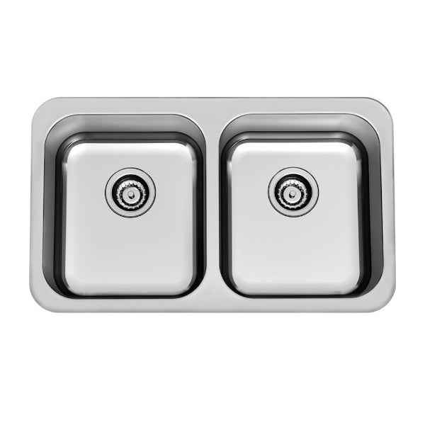 Clark Polar double bowl stainless steel kitchen sink, rectangular overmount view with two square bowls and wastes