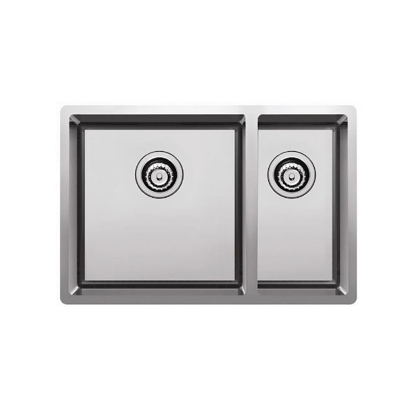 Clark Prism stainless steel 1.5 bowl kitchen sink, left-hand layout, top view with double basket wastes