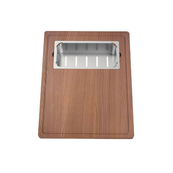 Clark Prism timber chopping board with stainless steel colander insert, top view