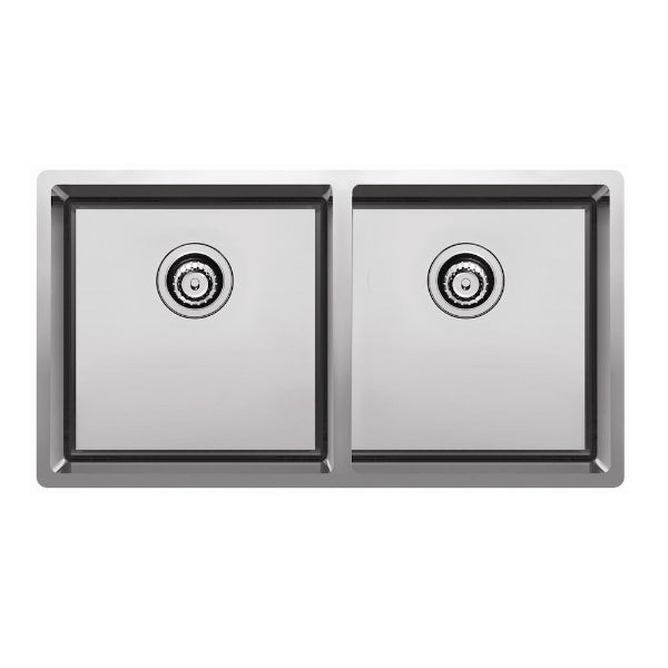 Clark Prism double bowl stainless steel kitchen sink, top view, rectangular undermount/overmount design with two square bowls
