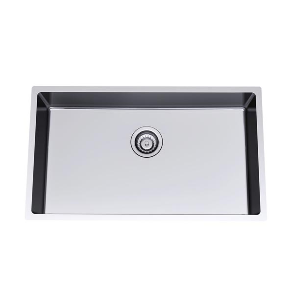 Clark Prism stainless steel rectangular single bowl kitchen sink, top view with basket waste