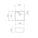 Clark Prism single bowl stainless steel kitchen sink technical drawing, square 440 x 440mm, 200mm deep, with dimensions shown