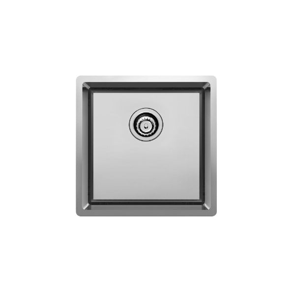 Clark Prism stainless steel single bowl kitchen sink, square polished finish with rear waste, top view