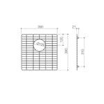 Clark Prism stainless steel square bowl saver technical drawing with dimensions 390mm x 390mm x 21mm