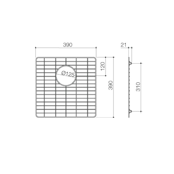 Clark Prism stainless steel square bowl saver technical drawing with dimensions 390mm x 390mm x 21mm