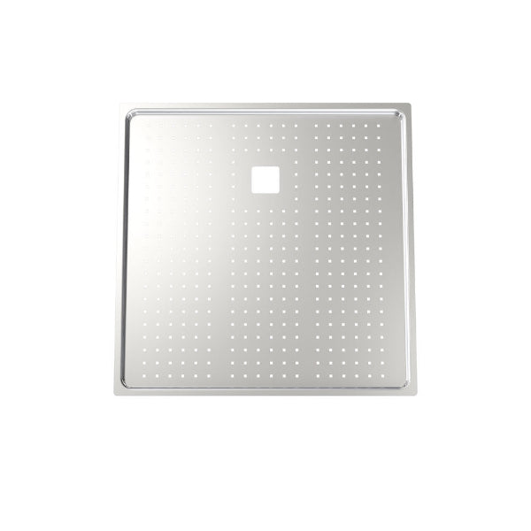 Clark Prism stainless steel square drainer tray with perforated surface and centre cut-out, front view on white background