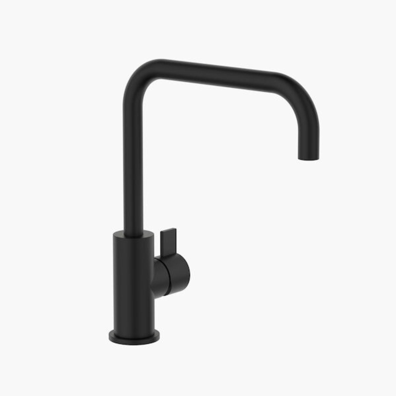 Clark Round Blade sink mixer in matte black with round gooseneck spout, side lever and hob-mounted base