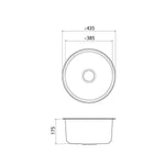Clark Round Bowl Kitchen Sink technical drawing in stainless steel, showing overmount dimensions 435mm wide and 175mm deep.