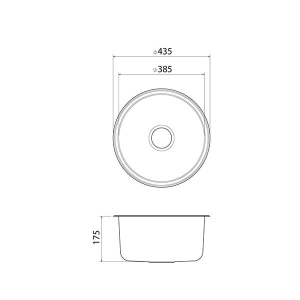 Clark Round Bowl Kitchen Sink technical drawing in stainless steel, showing overmount dimensions 435mm wide and 175mm deep.
