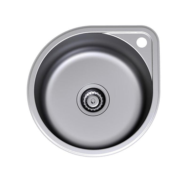 Clark round stainless steel overmount kitchen sink with tap landing, single bowl, top view