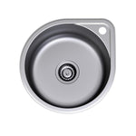 Clark round stainless steel overmount kitchen sink with tap landing, single bowl, top view