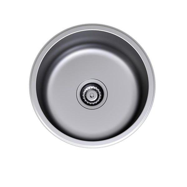 Clark round stainless steel single bowl overmount kitchen sink, top view, with basket waste visible