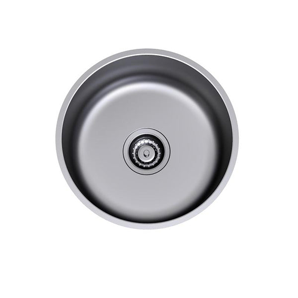 Clark round stainless steel undermount kitchen sink with single bowl and centre waste, top view