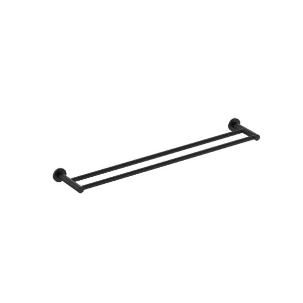 Clark Round double towel rail in matte black with round wall mounts, shown on white background