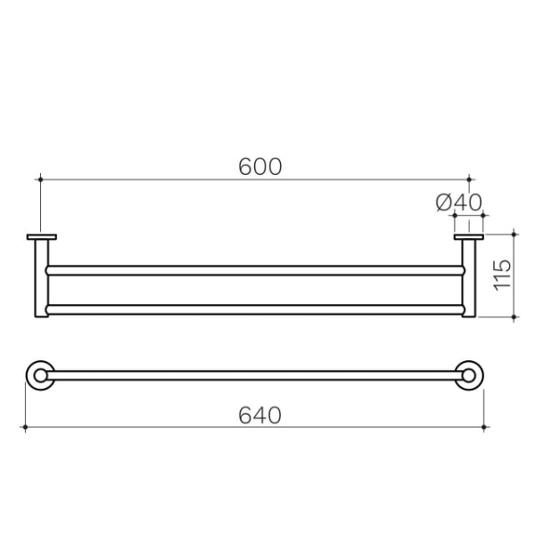 Clark Round Double Towel Rail matte black technical drawing, showing 640mm width and 115mm projection