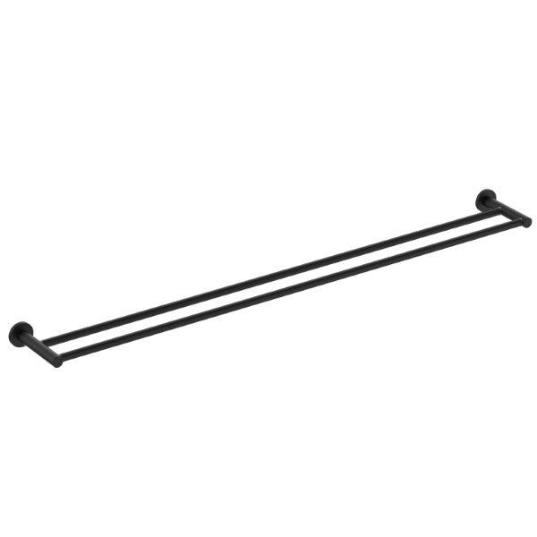 Clark Round double towel rail in matte black with round wall fixings, shown on a white background.