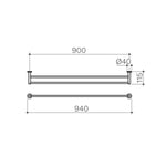 Clark Round Double Towel Rail technical drawing in matte black, showing 940mm width and 115mm projection with round wall mounts