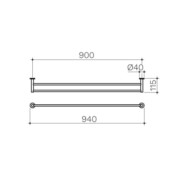 Clark Round Double Towel Rail technical drawing in matte black, showing 940mm width and 115mm projection with round wall mounts