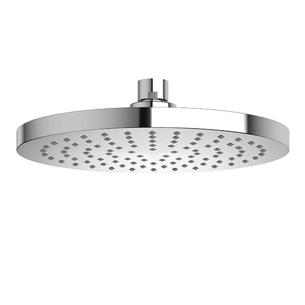 Clark Round II chrome round overhead shower head, flat rain shower rose, underside view