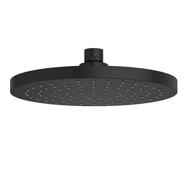 Clark Round II overhead shower head, matte black, round rain shower rose on white background