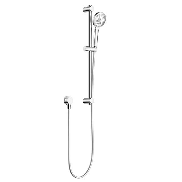 Clark Round II chrome rail shower with round hand shower, slider rail and hose, shown on white background