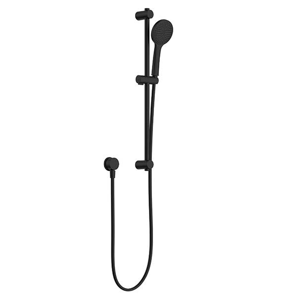 Clark Round II matte black rail shower with round handpiece and hose on white background