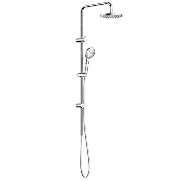 Clark Round II chrome twin rail shower with overhead, round handset and shower rose on adjustable rail