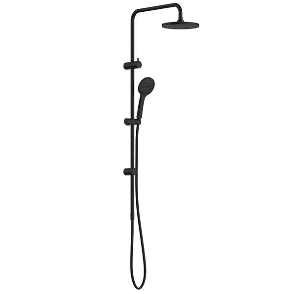 Clark Round II twin rail shower with overhead and handset, matte black, shown on white background