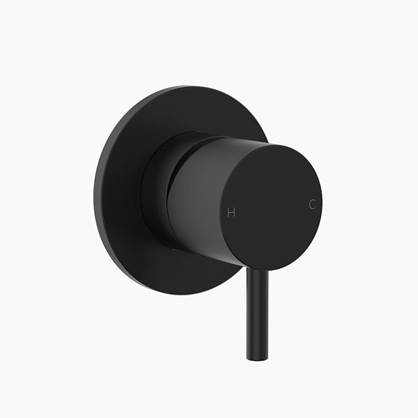 Clark Round Pin wall mixer in matte black, round wall plate with slim lever handle, front view