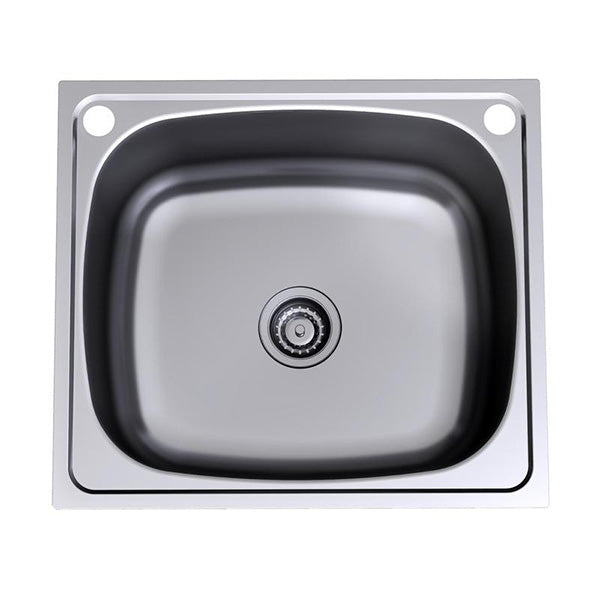 Clark Flushline stainless steel laundry tub with flush-mount rim and central basket waste, top view.