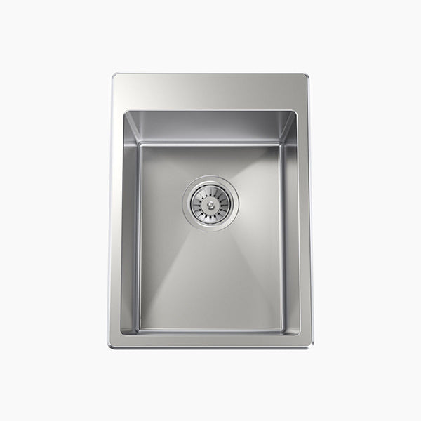 Clark Square stainless steel square laundry sink, top view, no tap hole, with centre basket waste