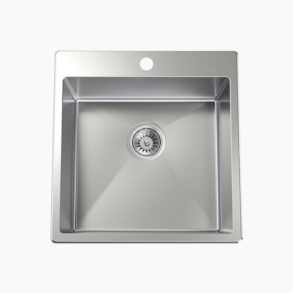 Clark Square 35L square stainless steel laundry sink, top view, with one tap hole and basket waste fitted to the centre