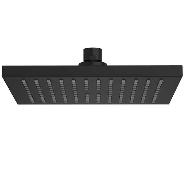Clark II square overhead shower head in matte black with rain-style spray nozzles, front view