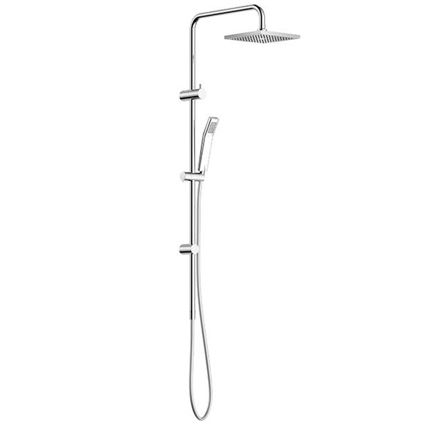 Clark Square II chrome twin rail shower with square overhead and adjustable hand shower, front view on white background